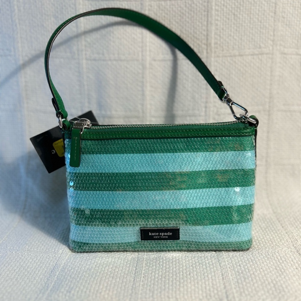 Kate Spade Green Striped Sequined Clutch/Wristlet